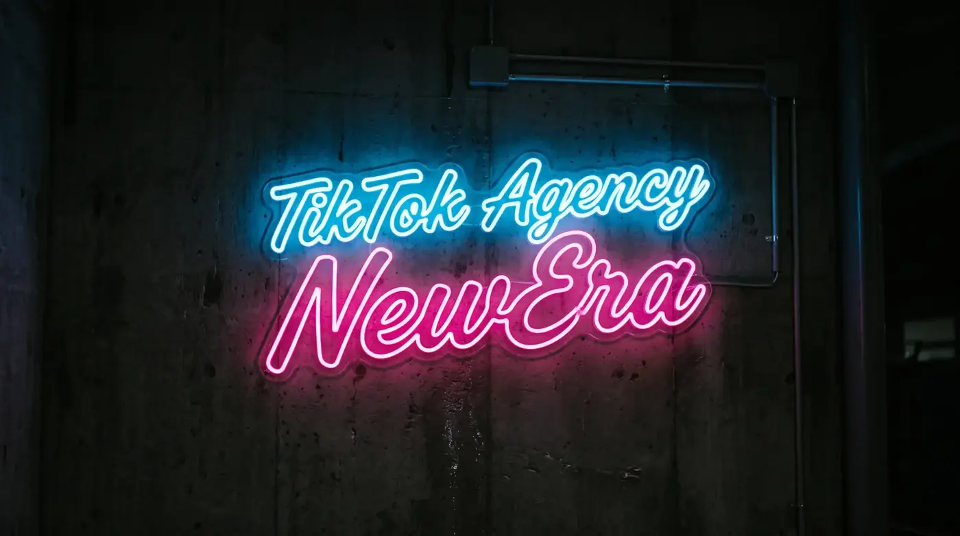 NewEra — ТикТок агенция, която изгражда присъствието на бизнеса в TikTok Неонов надпис TikTok Agency NewEra — ТикТок агенция за бизнес в ТикТок през 2026